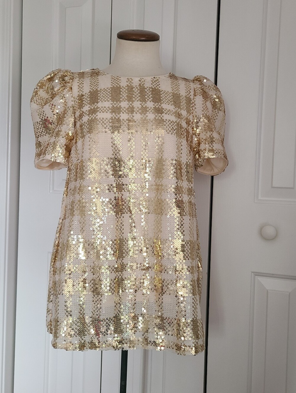 THML Plaid Sequin Top Size S Blouse Short Sleeve Gold Holiday Date NWT New Years